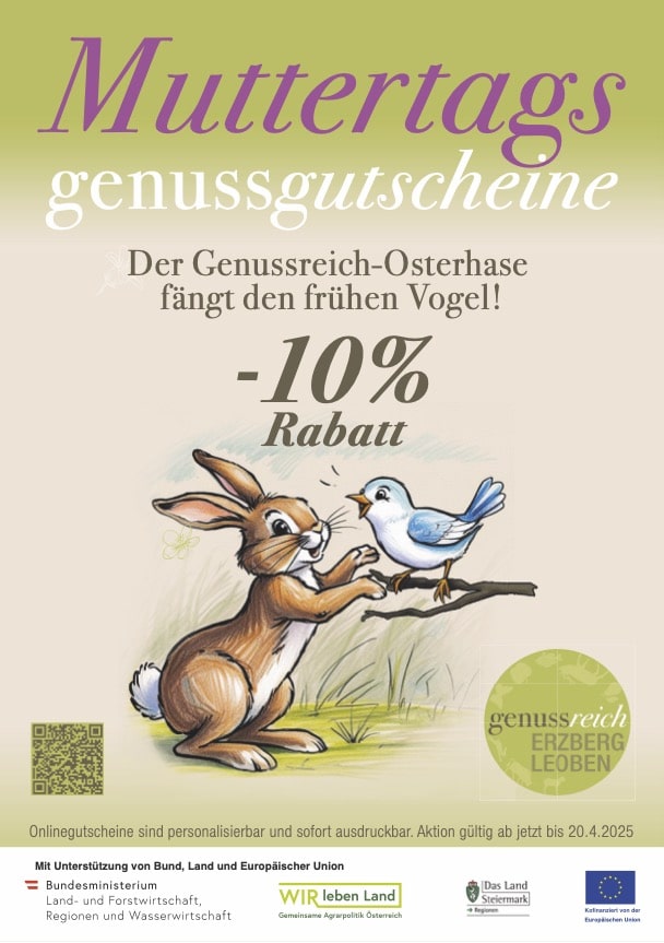 Schenken zu Ostern? Oder zum Muttertag? So oder so, jetzt 10 % Rabatt mit jedem Online GenussReich-Gutschein. Aktion gültig bis 20.4.2025.